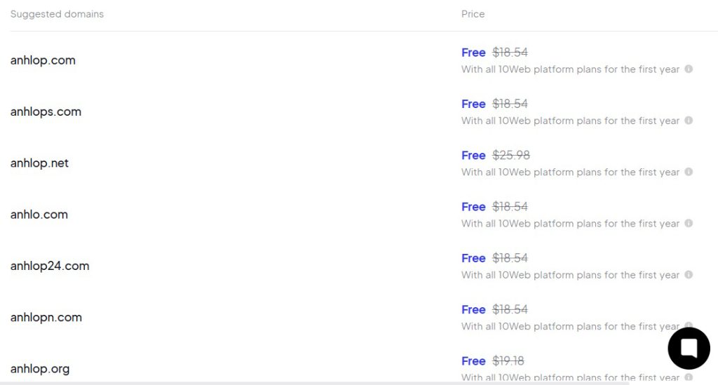  subdomain miễn phí cho trang web tạo trên 10Web