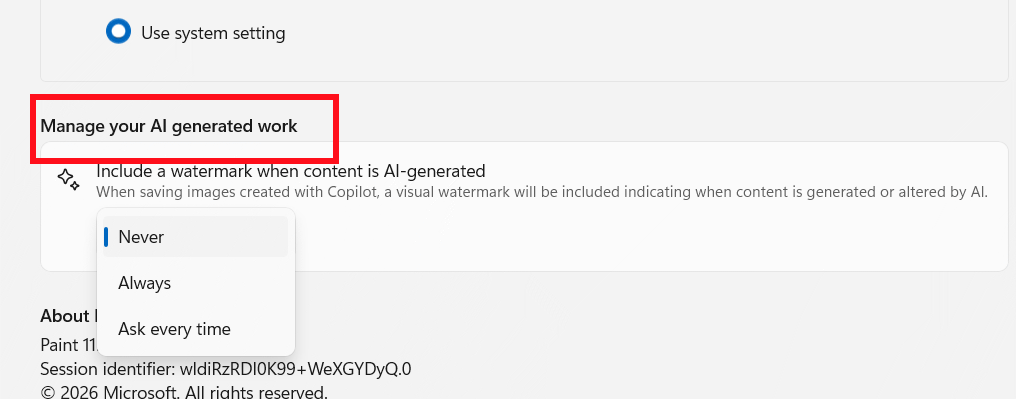 Chỉnh bật tắt watermark AI trong Paint
