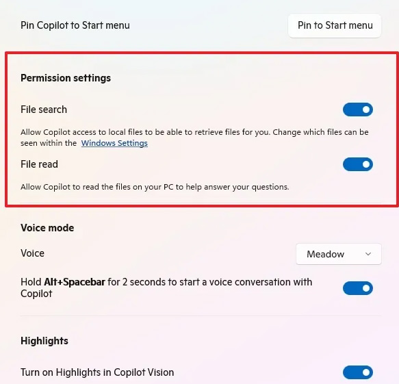 Bật tìm kiếm file Copilot