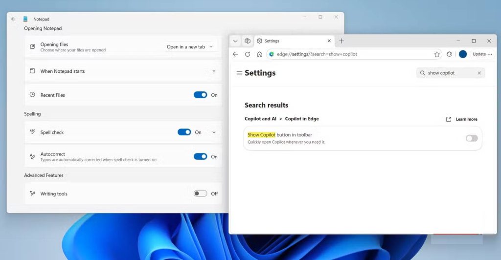 Notepad và Edge hiển thị menu cài đặt trên desktop Windows 11