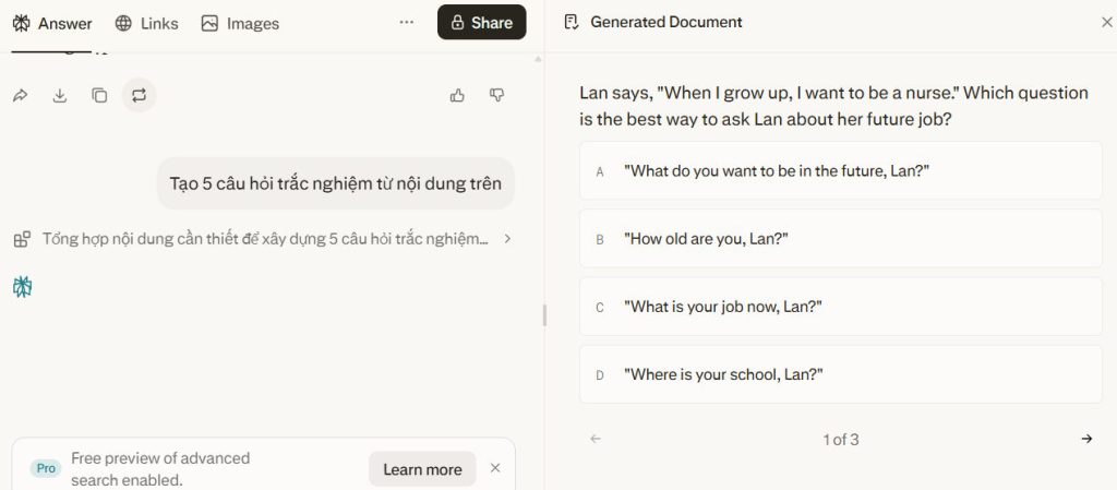 Tạo câu hỏi ôn tập nội dung trên Perplexity AI