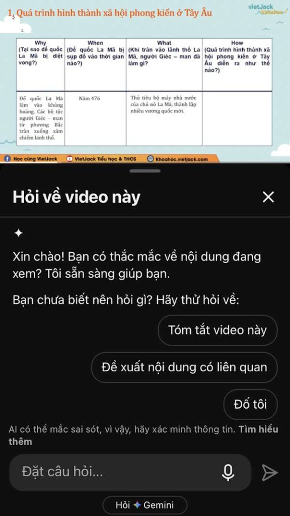 Khung Gemini trong YouTube