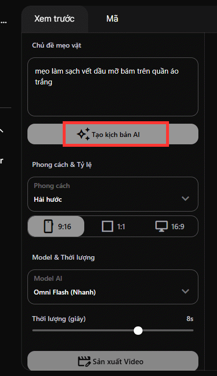 Thiết lập video muốn tạo trên Flow