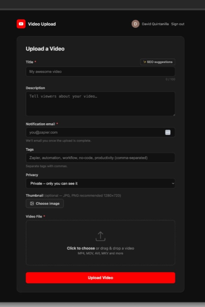 Biểu mẫu upload video lên YouTube tự động