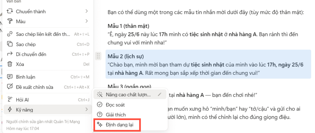 Định dạng lại câu trả lời của Notion AI