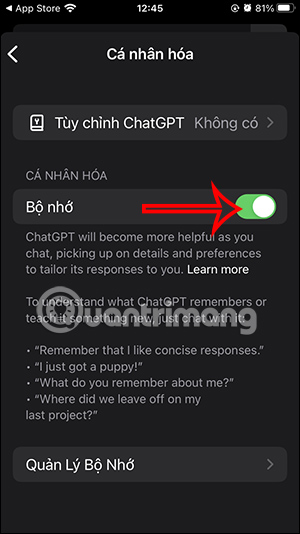 Bộ nhớ ChatGPT trên điện thoại