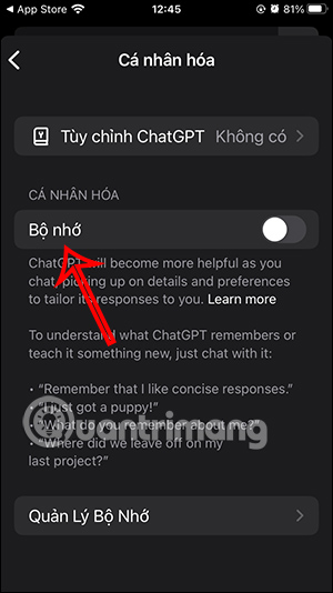 Tắt bộ nhớ ChatGPT trên điện thoại 