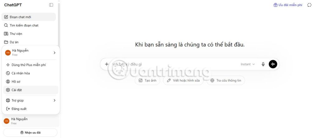Phần Cài đặt trong trang web ChatGPT