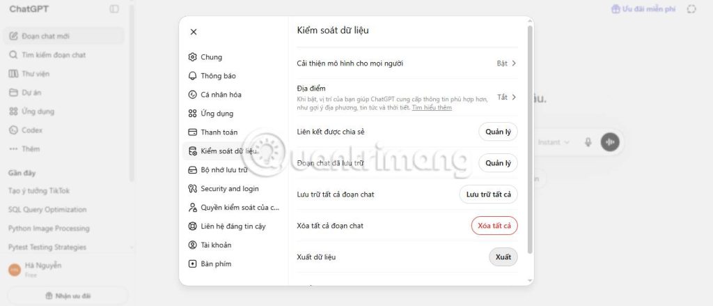 Tùy chọn Xuất trên trang web ChatGPT