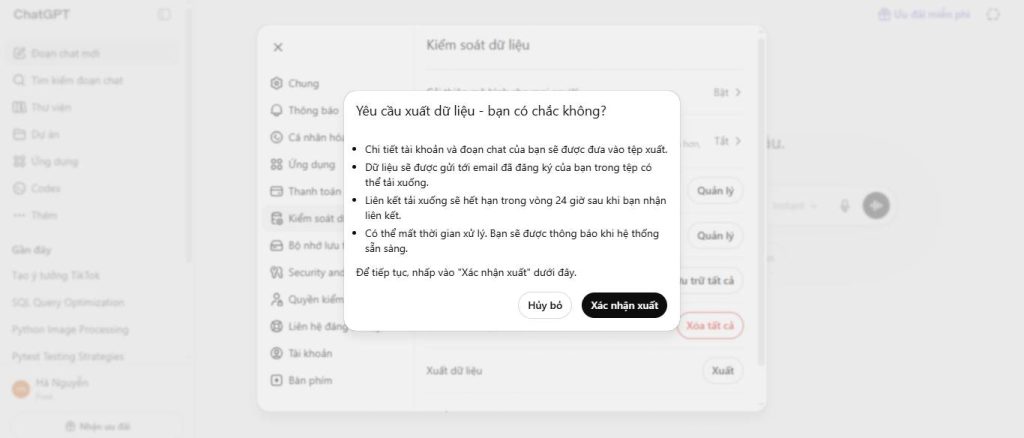 Tùy chọn Xác nhận xuất trên trang web ChatGPT