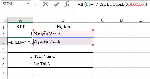 Đánh số thứ tự tự động trong Excel với hàm SUBTOTAL