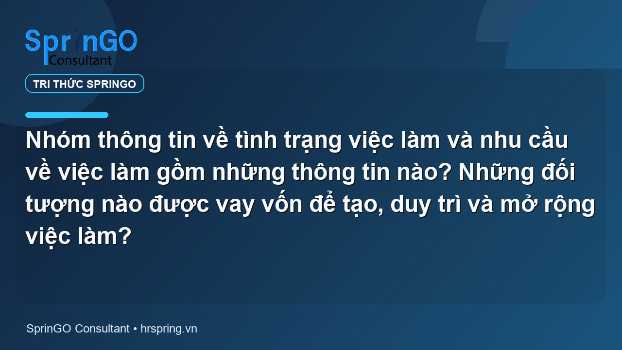 Nhóm thông tin về tình trạng việc làm và nhu cầu về việc làm gồm những thông tin nào? Những đối tượng nào được vay vốn để tạo, duy trì và mở rộng việc làm?