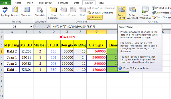 Cách ẩn công thức trong Excel