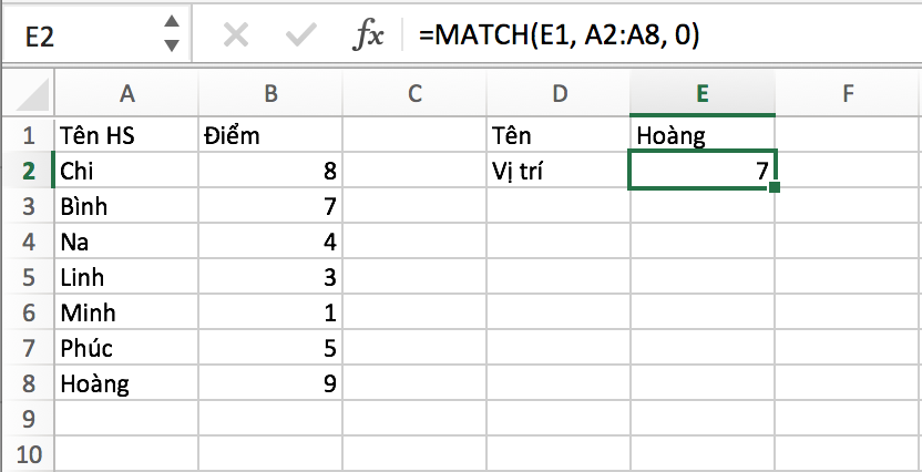 Hàm Match và các ứng dụng của hàm Match trong Excel 2007, 2010, 2013, 2016