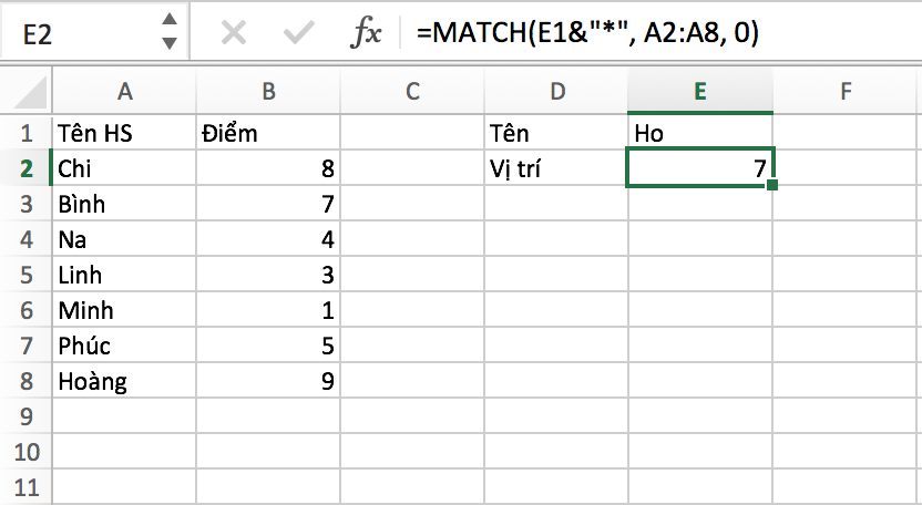 Hàm Match và các ứng dụng của hàm Match trong Excel 2007, 2010, 2013, 2016