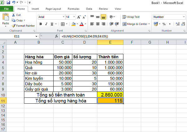 Hướng dẫn sử dụng hàm CHOOSE trong Excel
