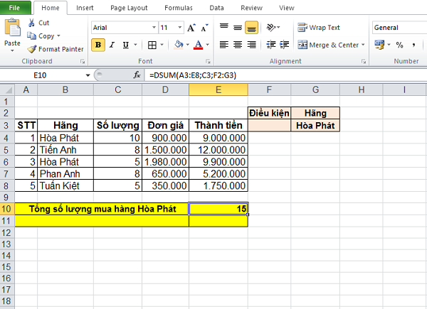 Bài tập về hàm DSUM trong Excel