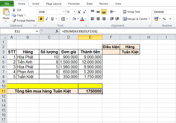 Bài tập về hàm DSUM trong Excel