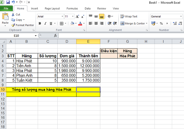 Bài tập về hàm DSUM trong Excel