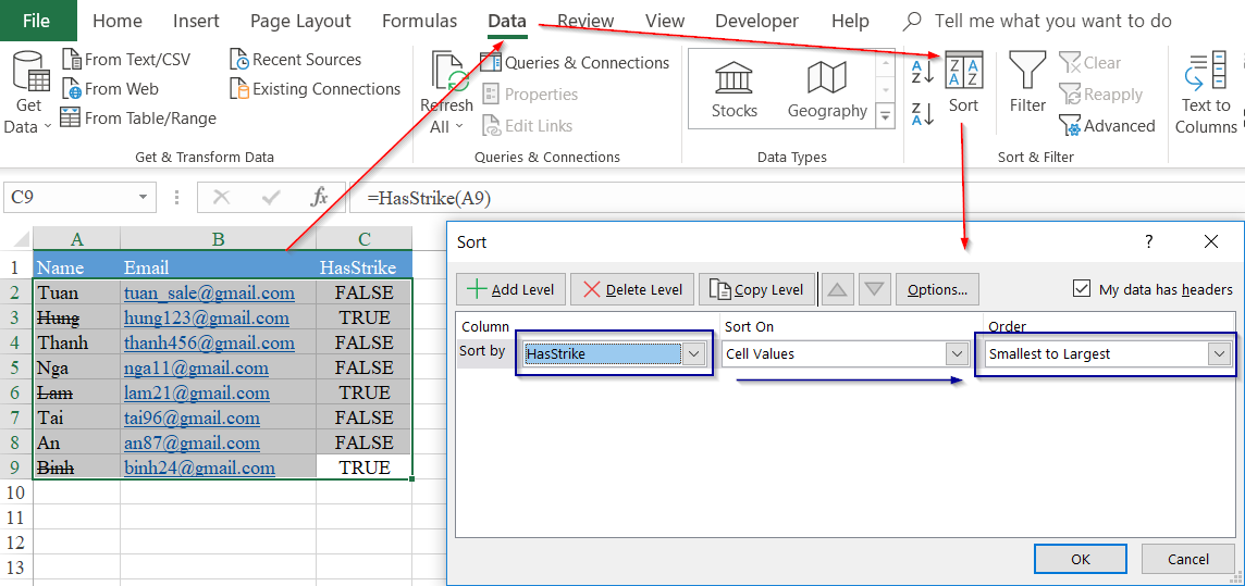 Hướng dẫn cách sắp xếp hoặc lọc dữ liệu có định dạng dấu gạch ngang trong Excel