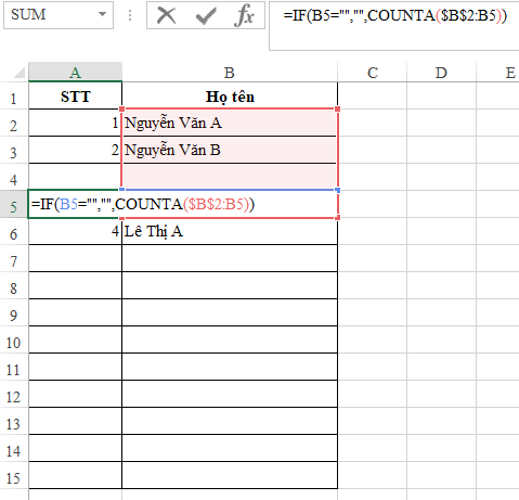 Hướng dẫn cách đánh số thứ tự tự động trong excel với hàm COUNTA