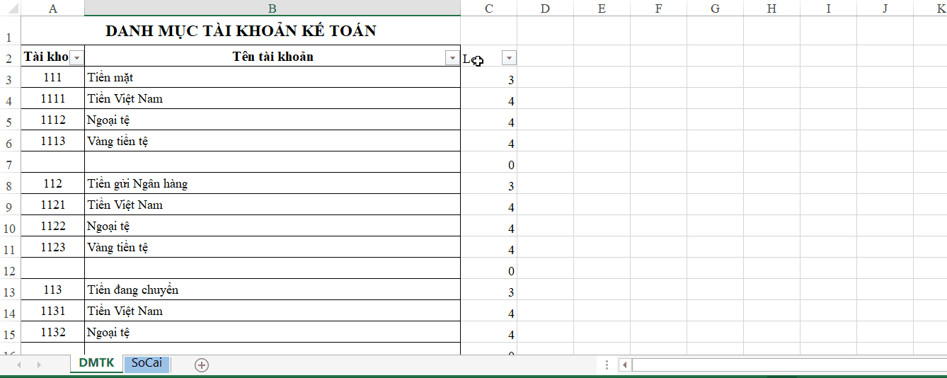 Hướng dẫn cách tạo danh sách chọn tài khoản Sổ cái trong Excel