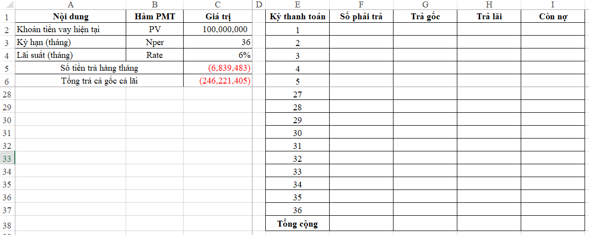 Hướng dẫn cách phân tích trả nợ gốc và lãi cùng chuỗi hàm PMT trong Excel