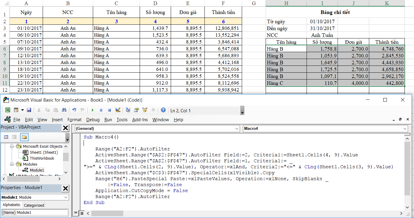 Hướng dẫn cách lọc dữ liệu vào Báo cáo chi tiết trong Excel bằng VBA