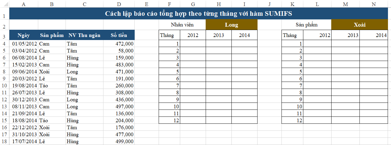 Cách lập báo cáo tổng hợp theo từng tháng với hàm SUMIFS