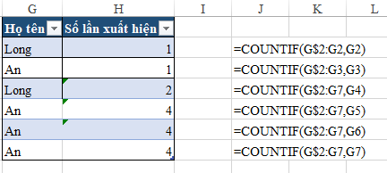 Công thức đếm số lần xuất hiện trong Table