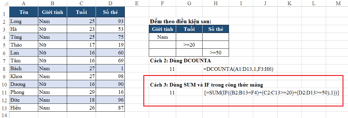 4 phương pháp đếm nhiều điều kiện dạng hoặc – Hàm SUM+IF dạng mảng