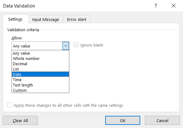 Cách thiết lập chỉ nhập dữ liệu dạng ngày tháng trong ô trên Excel