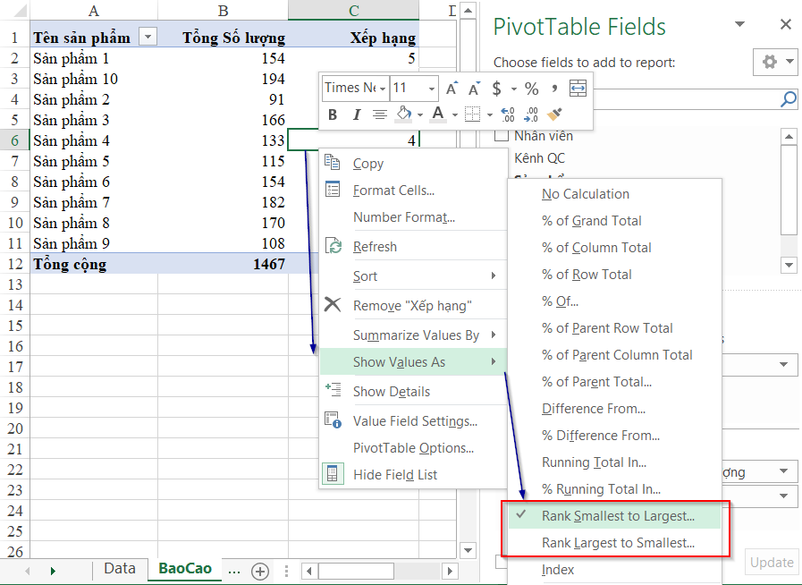 Hướng dẫn cách xếp hạng trong báo cáo bằng Pivot Table