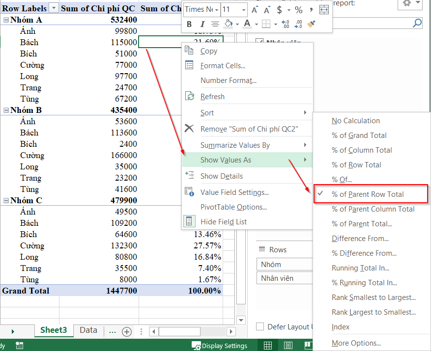 Tìm hiểu cách biểu diễn giá trị phần trăm trong báo cáo bằng Pivot Table