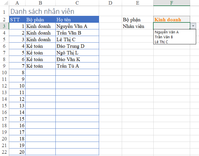 Hướng dẫn cách tạo danh sách động trong Excel với hàm OFFSET