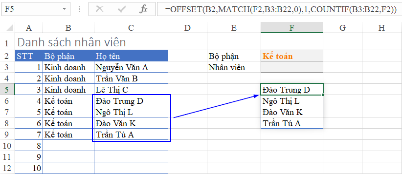 Hướng dẫn cách tạo danh sách động trong Excel với hàm OFFSET