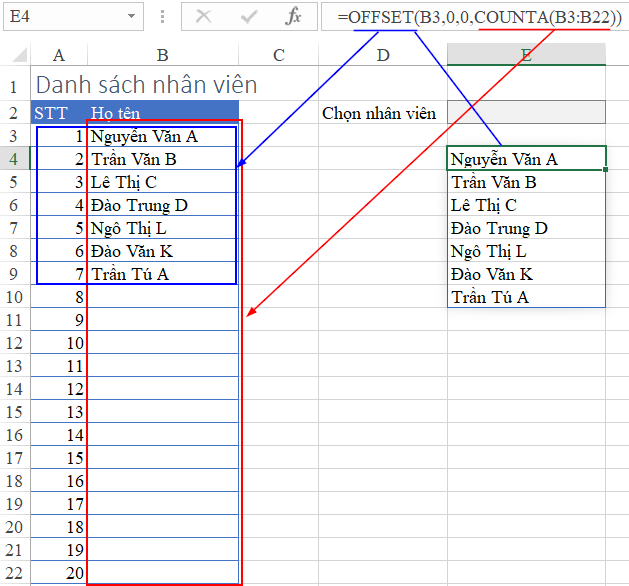 Hướng dẫn cách tạo danh sách động trong Excel với hàm OFFSET