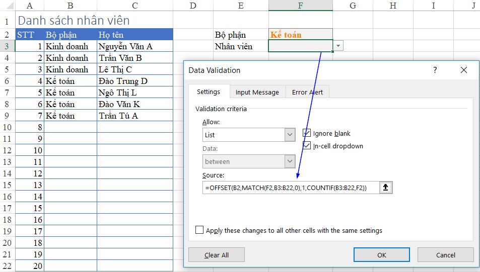 Hướng dẫn cách tạo danh sách động trong Excel với hàm OFFSET