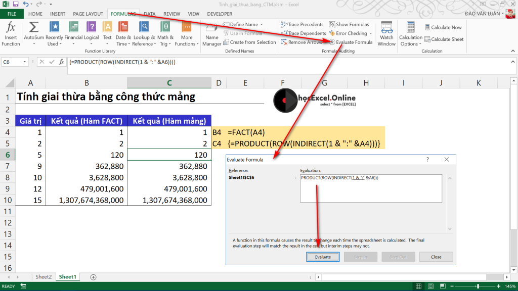 Cách tính giai thừa bằng công thức mảng trong Excel
