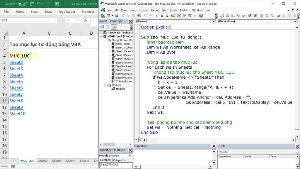 Sử dụng VBA để tạo mục lục tự động trong Excel