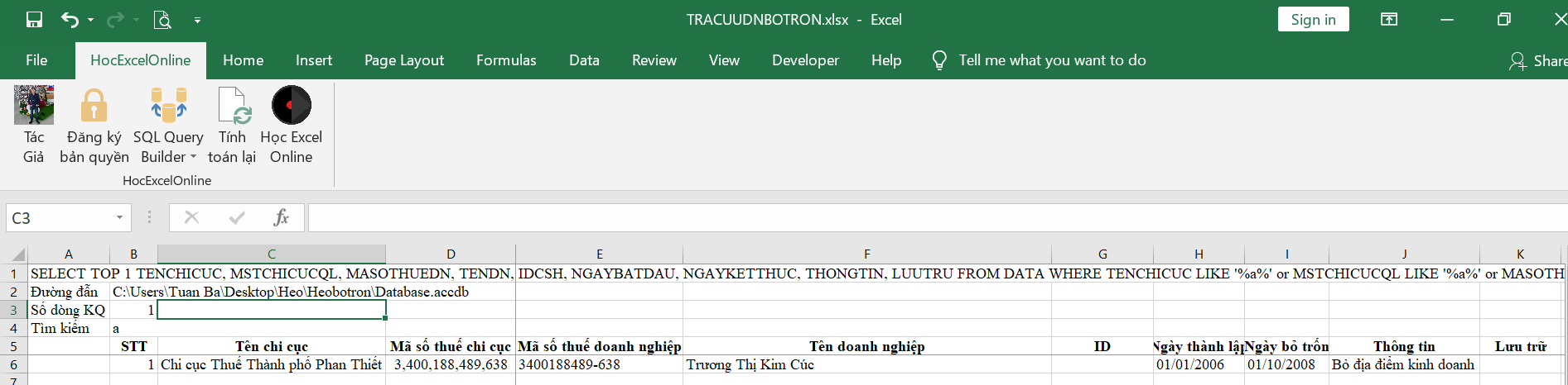 Tra cứu doanh nghiệp bỏ trốn trên Excel với Addins SprinGo