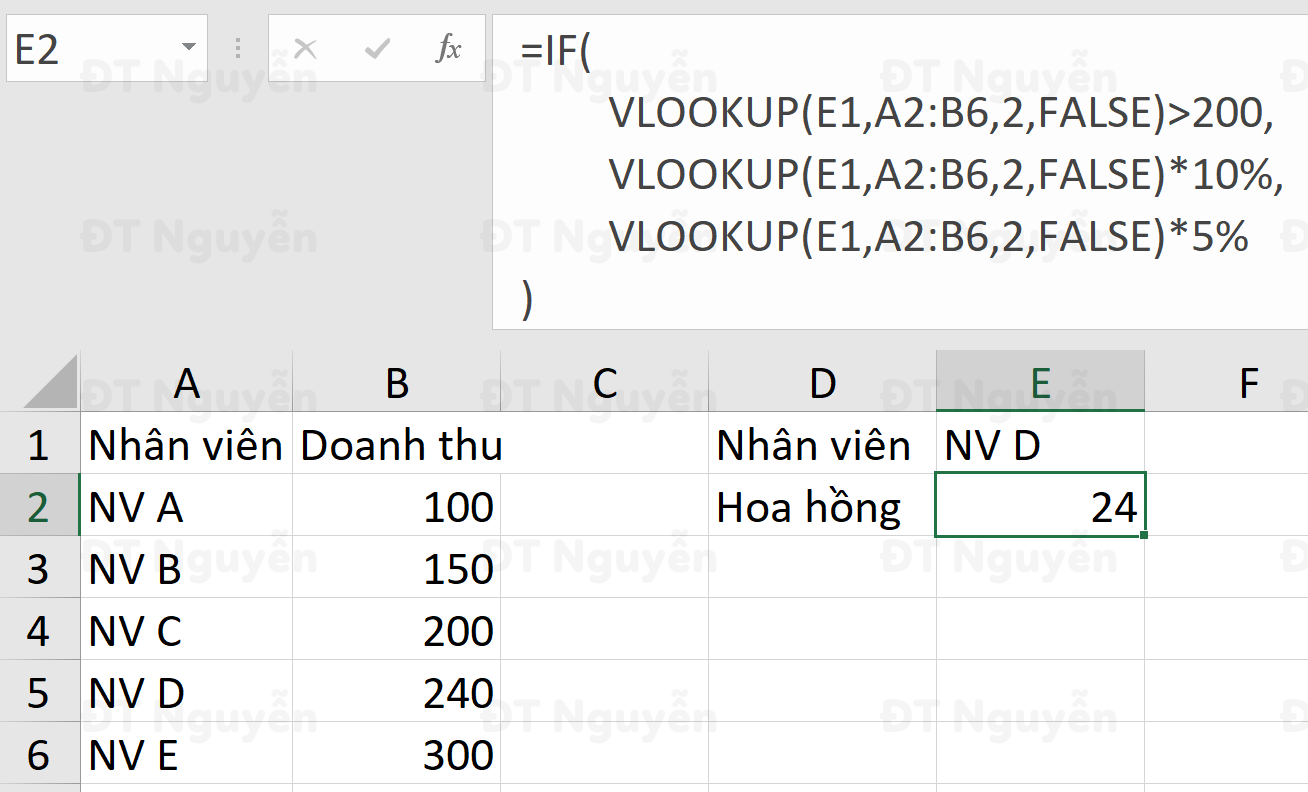 Lồng ghép hàm IF và VLOOKUP để tính hoa hồng