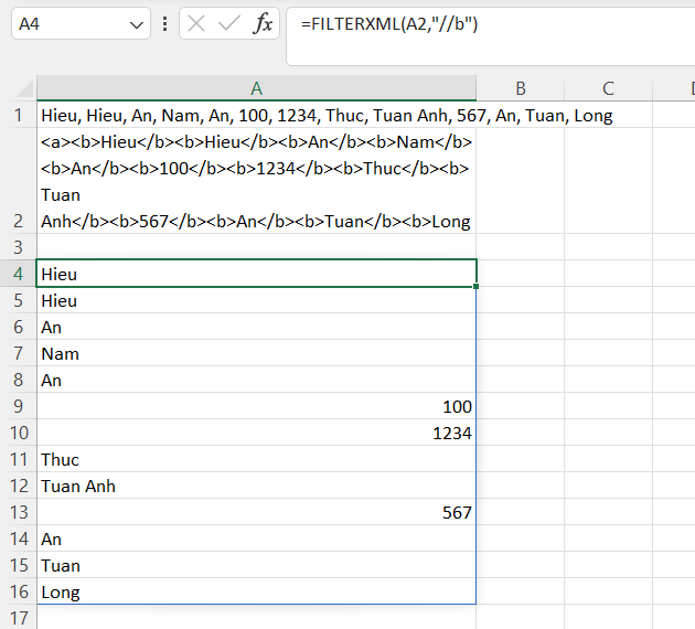 7 ứng dụng tách chuỗi với hàm FILTERXML trong Excel