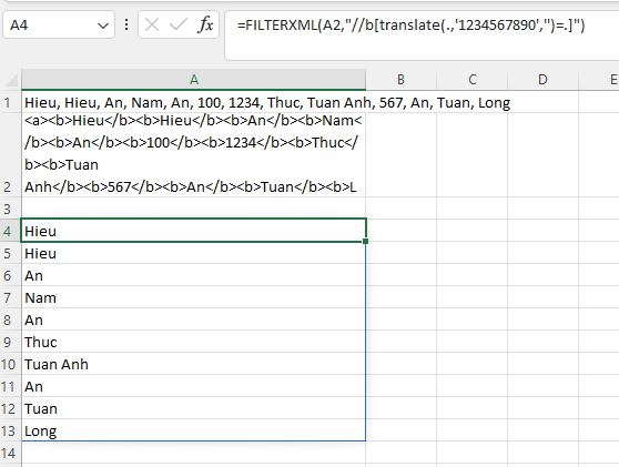 7 ứng dụng tách chuỗi với hàm FILTERXML trong Excel