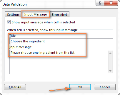 Configuring a message to be displayed when a cell with the drop-down list is clicked. Configuring a message to be displayed when a cell with the drop-down list is clicked.