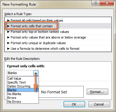 Create a conditional formatting rule for blank cells. Create a conditional formatting rule for blank cells.