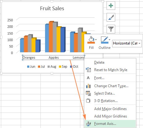 Right click on the horizontal axis and select Format Axis… in the context menu. Right click on the horizontal axis and select Format Axis… in the context menu.