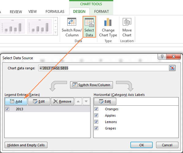 Click the Add button to add a new data series. Click the Add button to add a new data series.