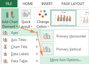 Click Add Chart Element > Axes > More Axis Options… on the ribbon. Click Add Chart Element > Axes > More Axis Options… on the ribbon.